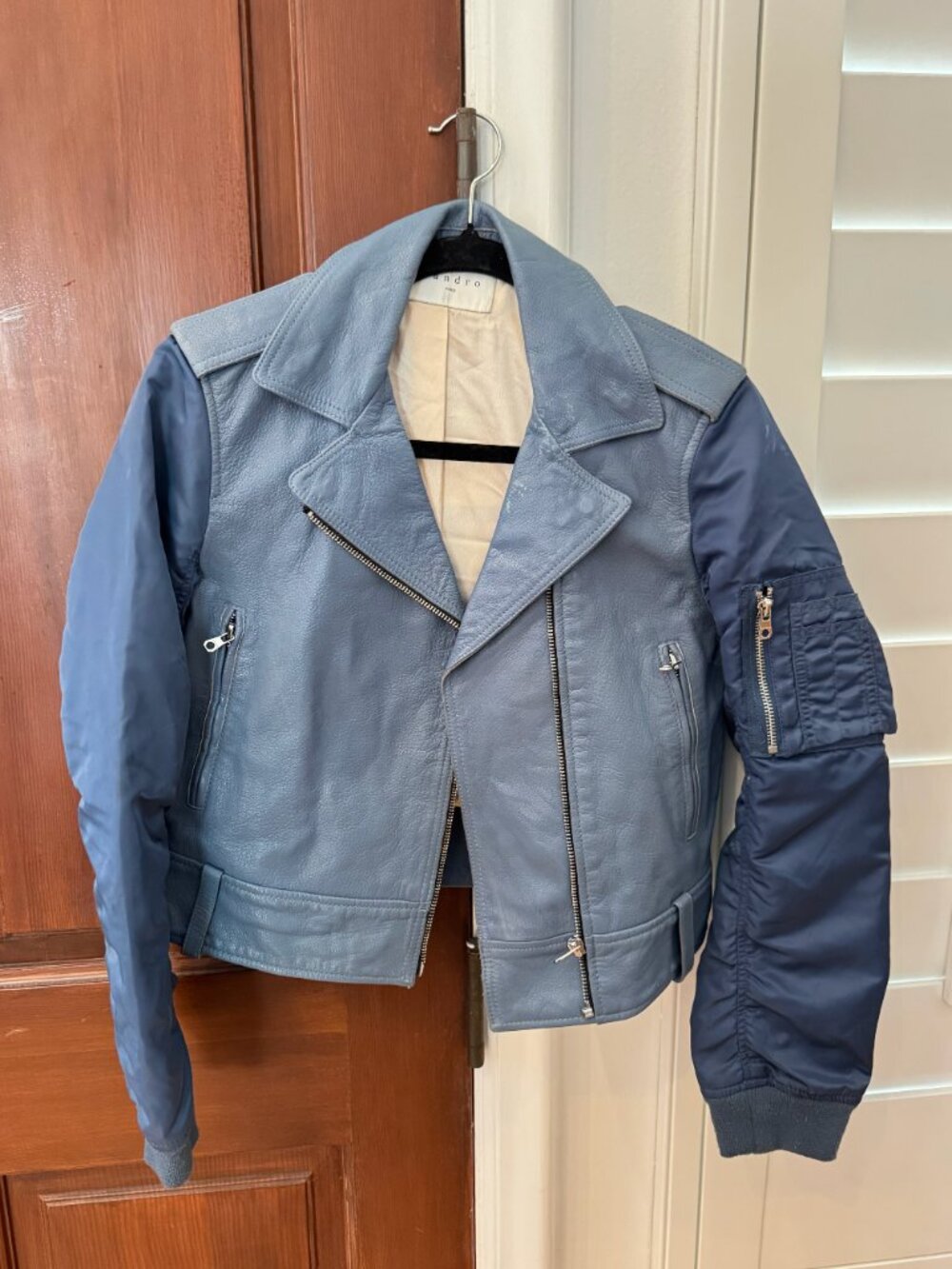 Sandro Blue Leather jacket Bomber Jacket.